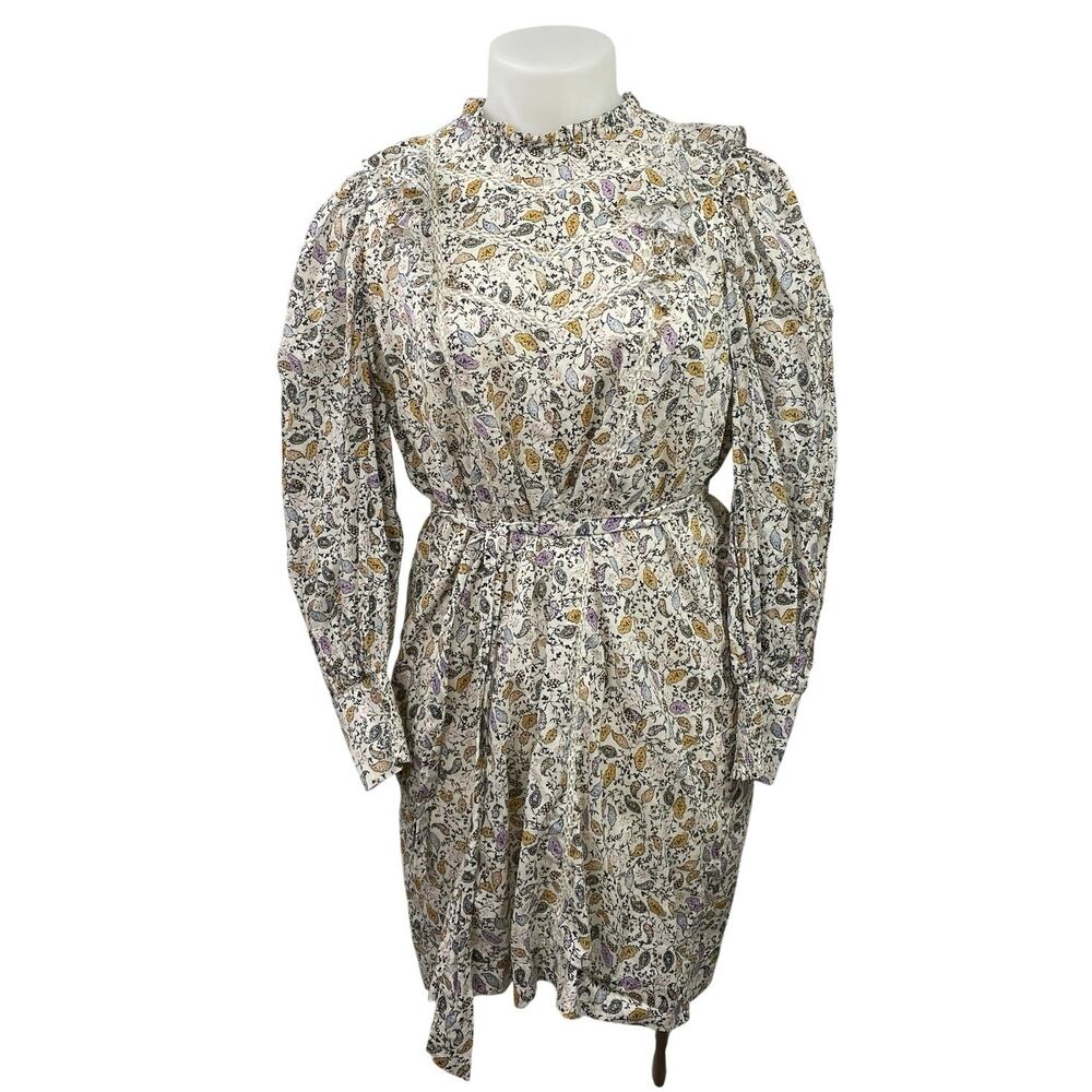 Witchery White Paisley Puff Long Sleeve Belted Mock Neck Mini Sheath Dress Sz 18